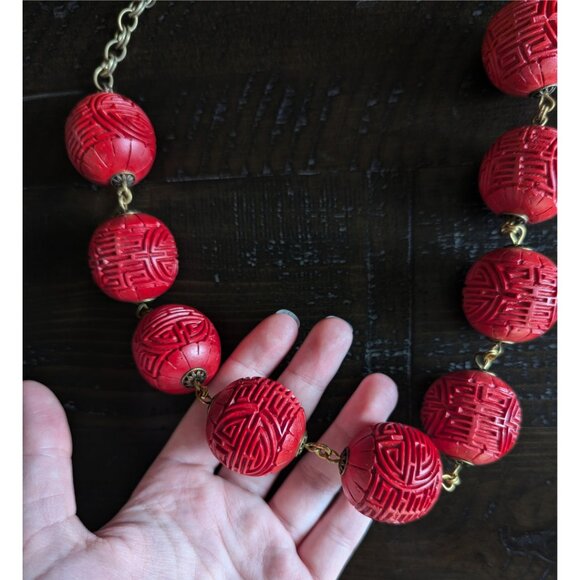 Vintage Chunky Cinnabar Necklace Signed Jan Michaels Carved Beaded Statement - Picture 6 of 7